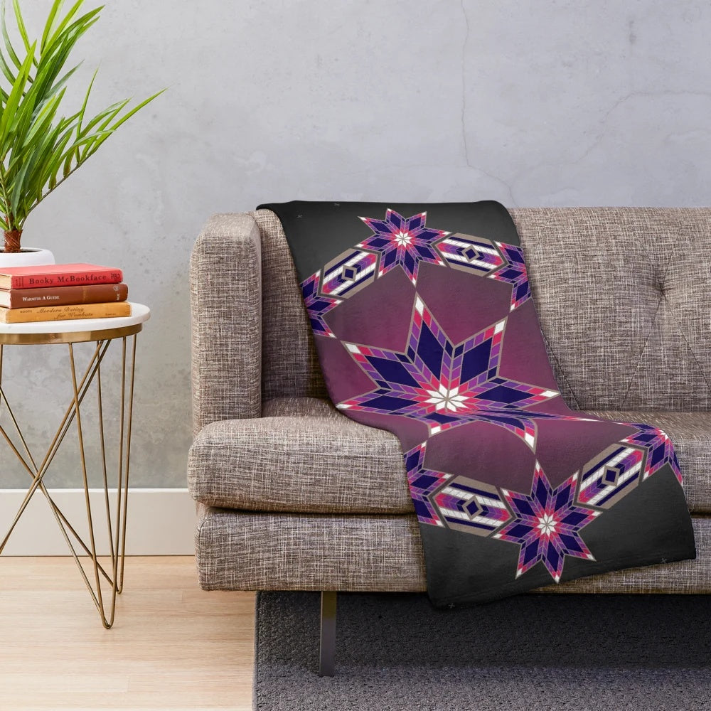 Native-inspired purple plush blanket with morning star and circle designs