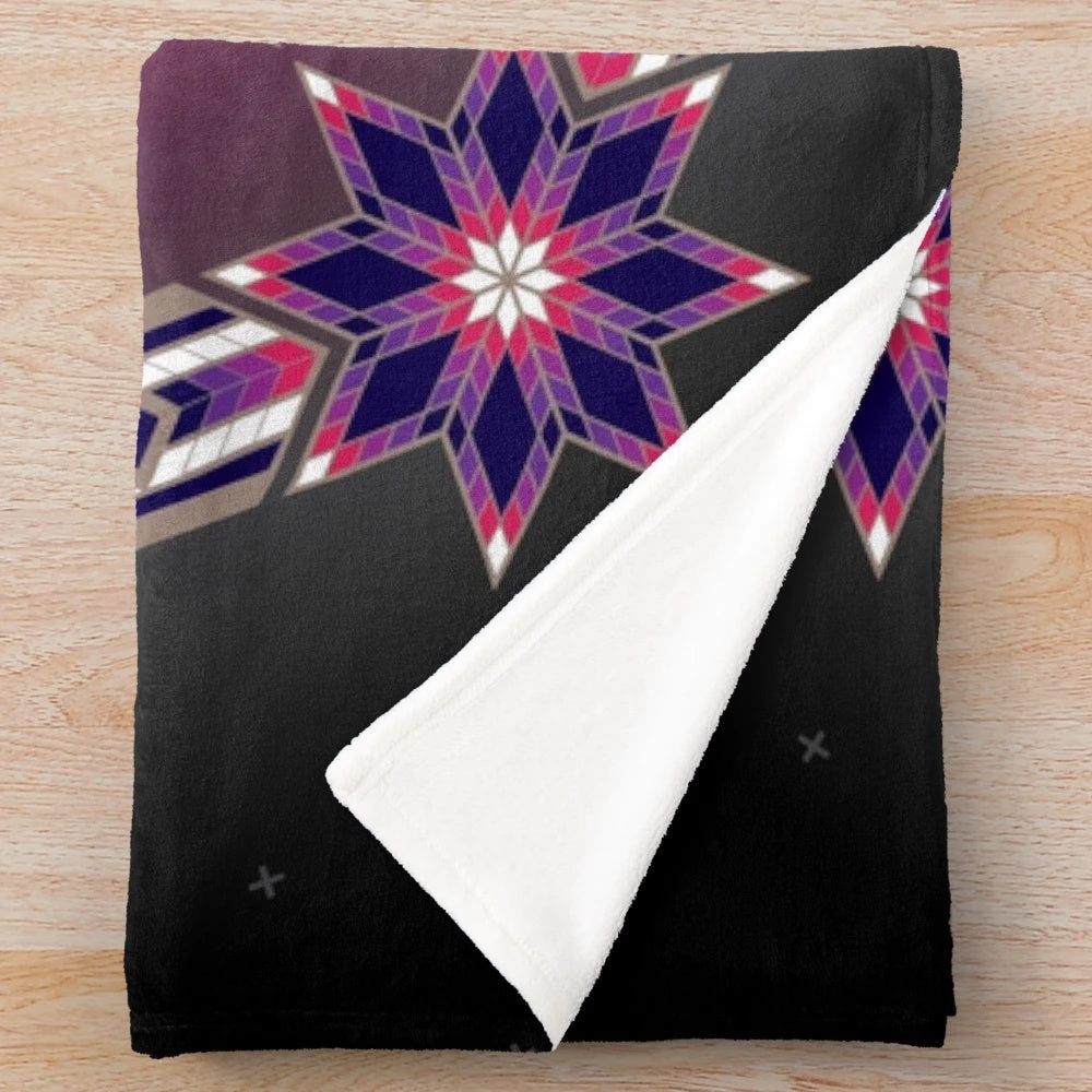 Native-inspired purple plush blanket with morning star and circle designs