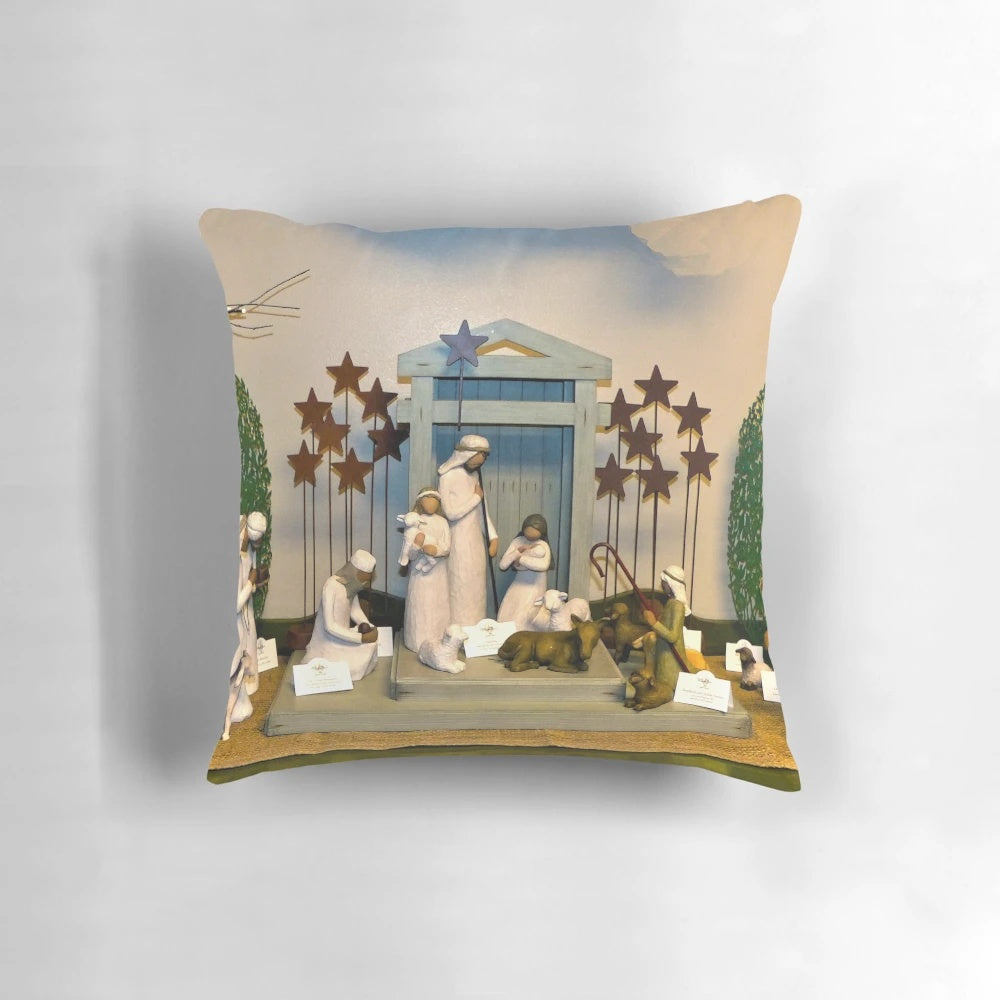 A beautiful nativity scene pillow featuring the holy family and baby Jesus.