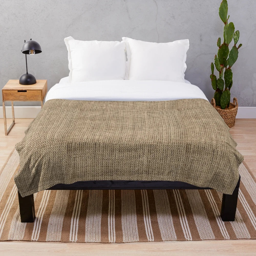 Cozy natural plush blanket in a burlap, hessian, and jute design