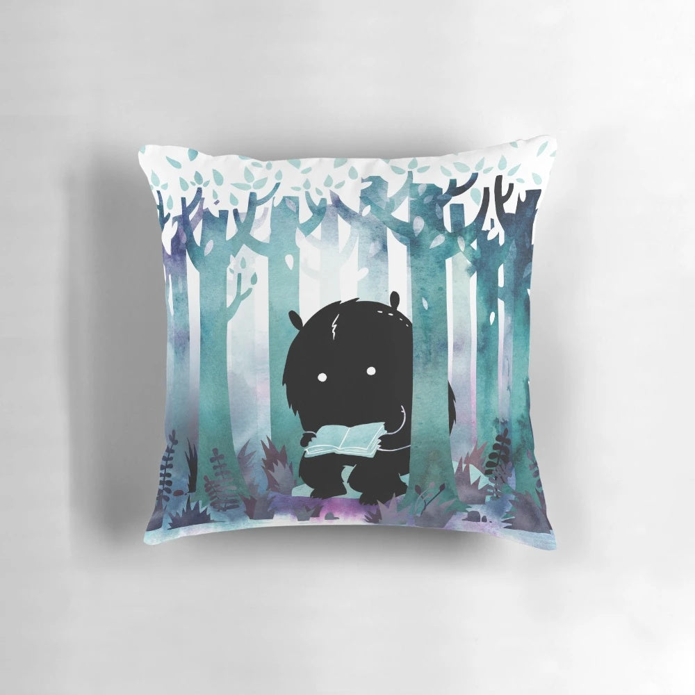 A watercolor-style pillow with forest animals and books, perfect for reading and relaxation.