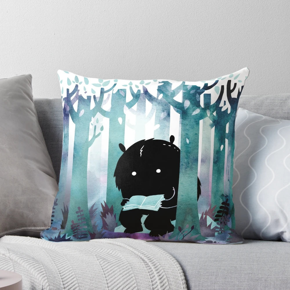 A watercolor-style pillow with forest animals and books, perfect for reading and relaxation.