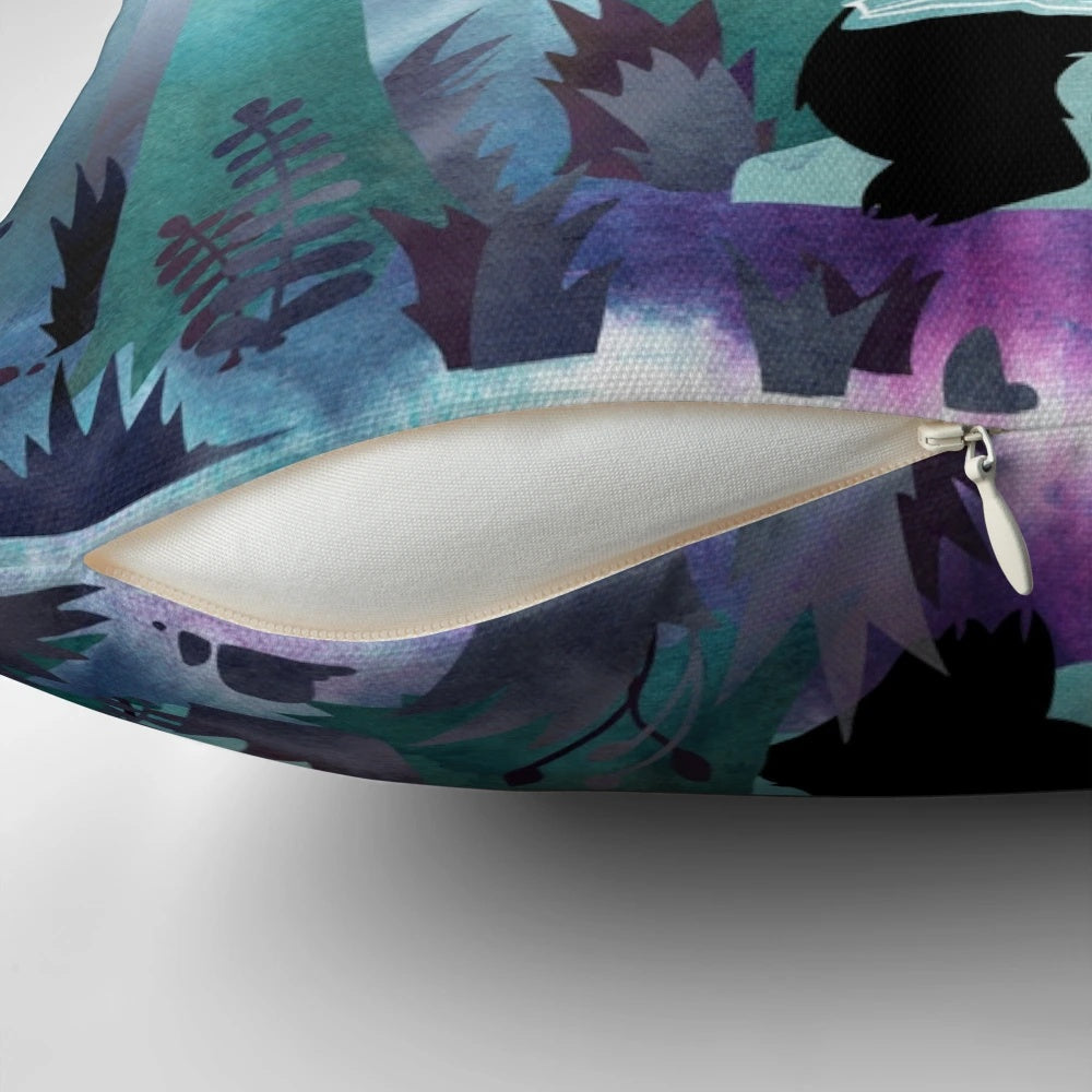 A watercolor-style pillow with forest animals and books, perfect for reading and relaxation.