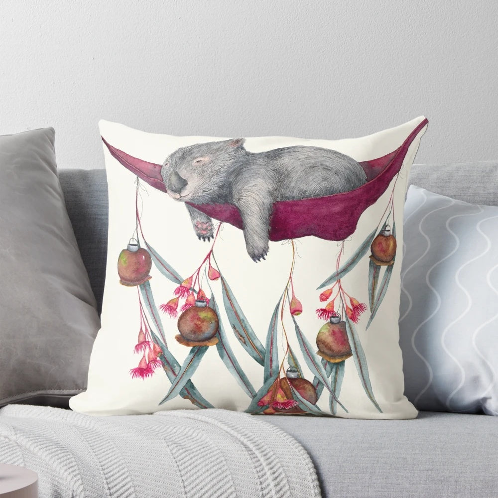 A cozy, nature-inspired pillow with eucalyptus leaves and flowers, perfect for relaxation.