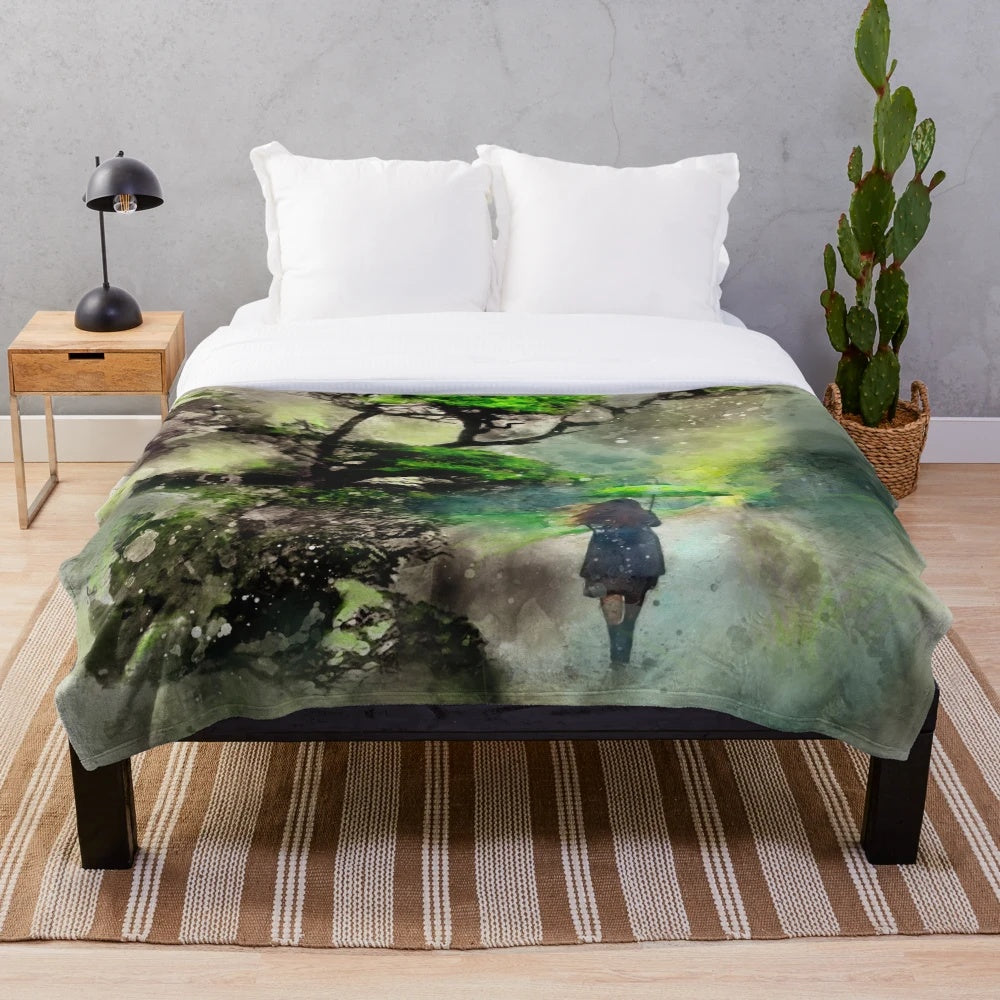 Plush blanket with serene nature landscape design