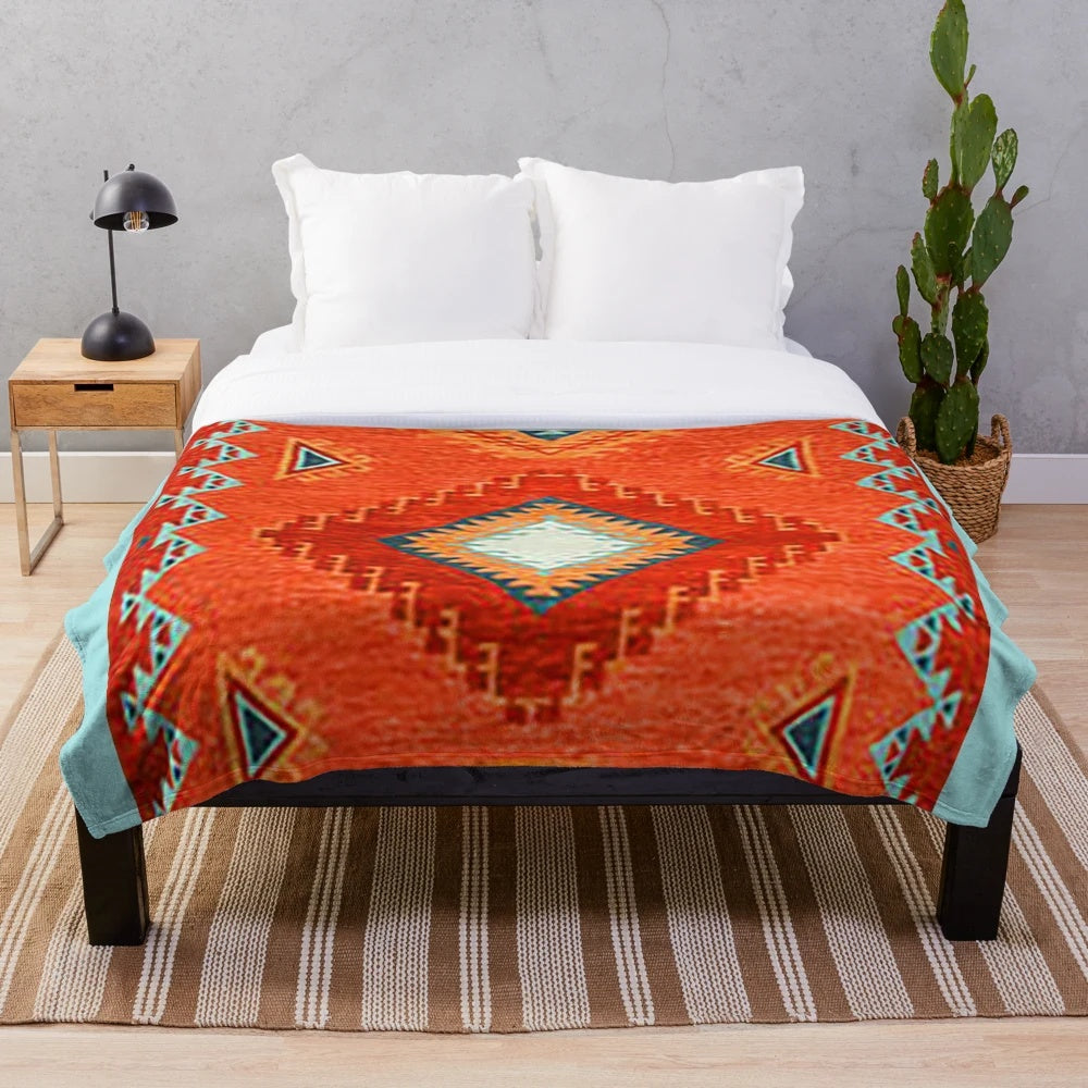 Navajo-inspired geometric pattern plush blanket