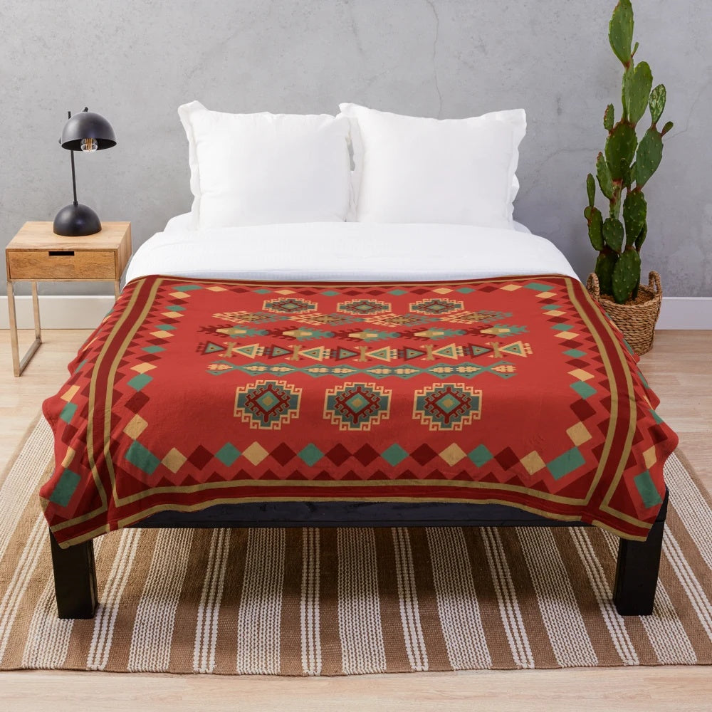 Navajo-inspired plush blanket with tribal ethnic hand drawn design