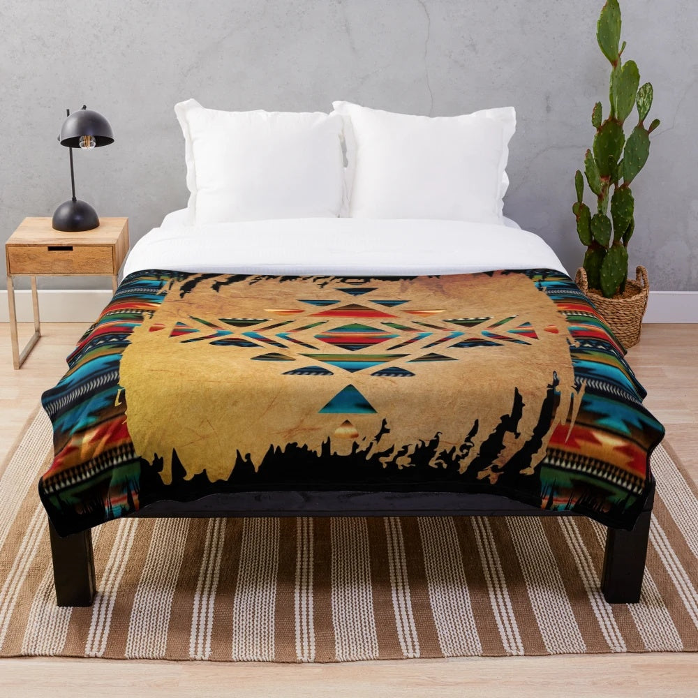Navajo pattern plush blanket with Aztec brushstroke design