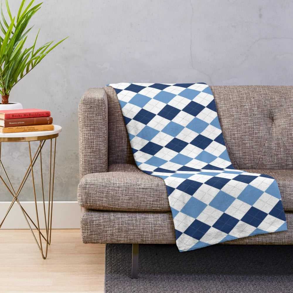 Navy and Carolina argyle pattern plush blanket