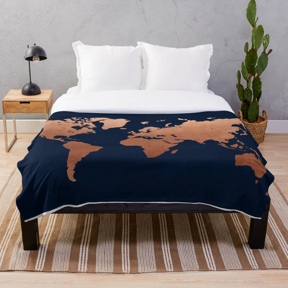 Navy blue and copper world map plush blanket