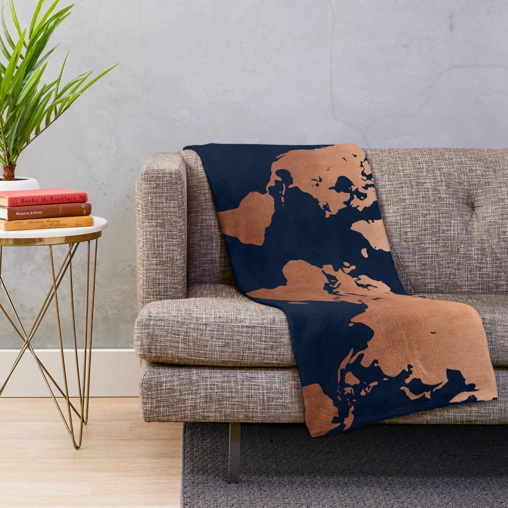 Navy blue and copper world map plush blanket