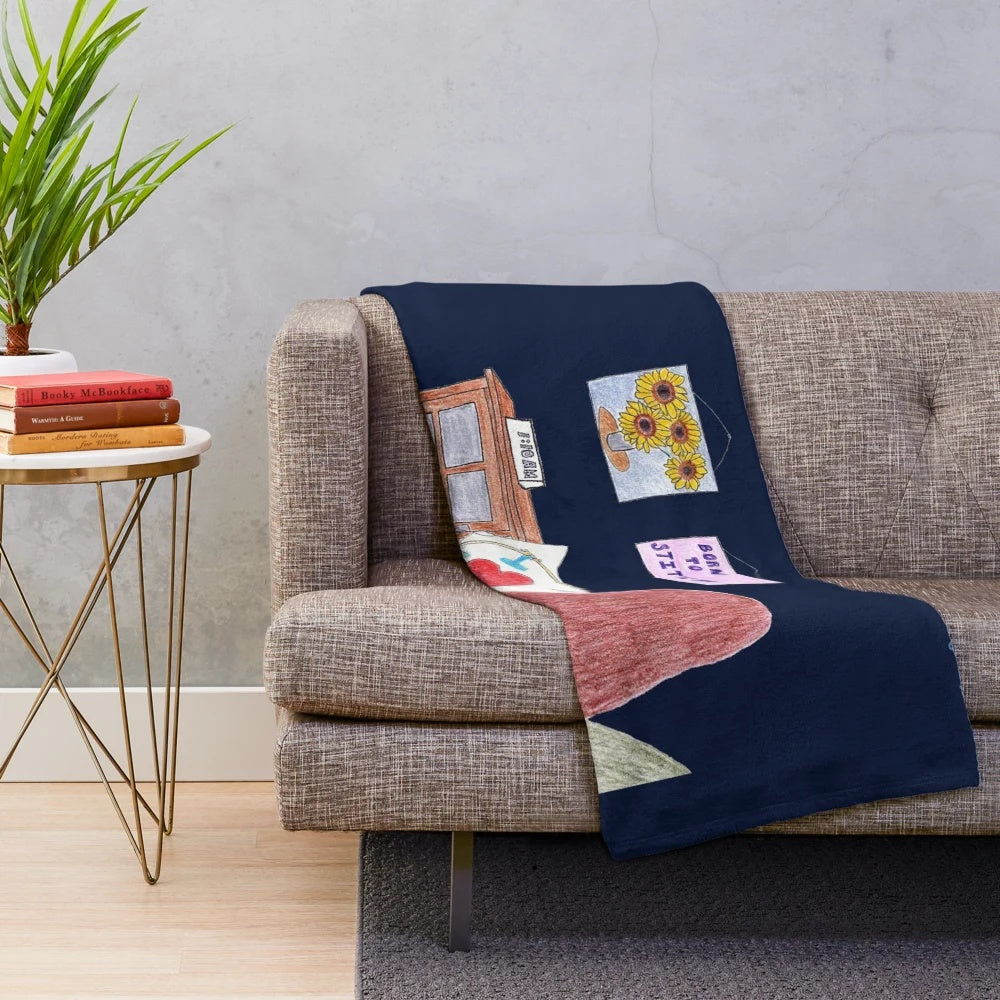 Navy blue plush blanket with sewing and stitching design