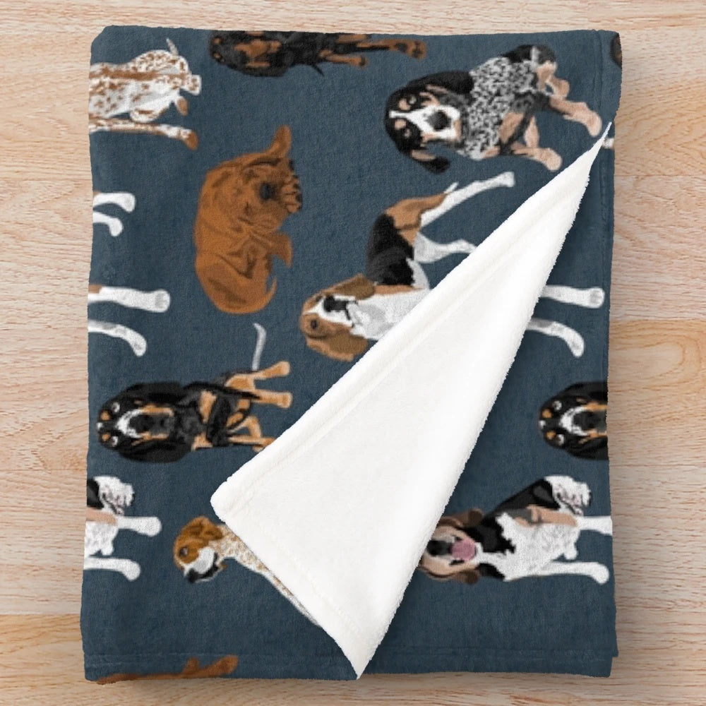 Navy blue plush blanket featuring a pack of coonhounds