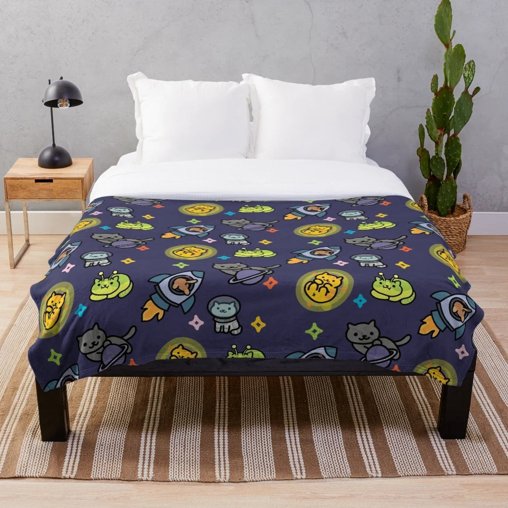 Neko Atsume inspired plush blanket with cats and celestial design
