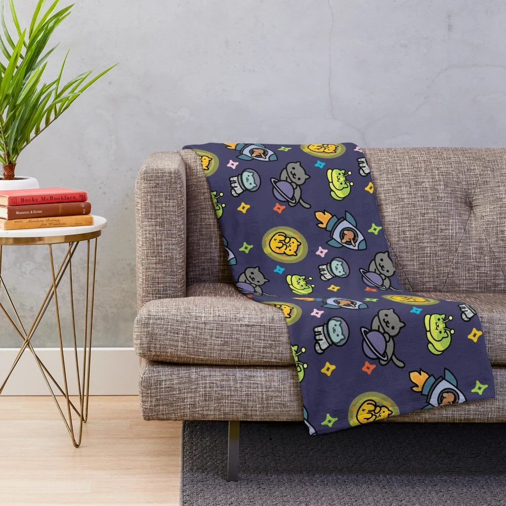 Neko Atsume inspired plush blanket with cats and celestial design