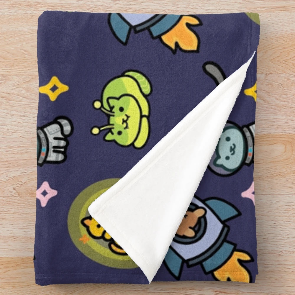 Neko Atsume inspired plush blanket with cats and celestial design