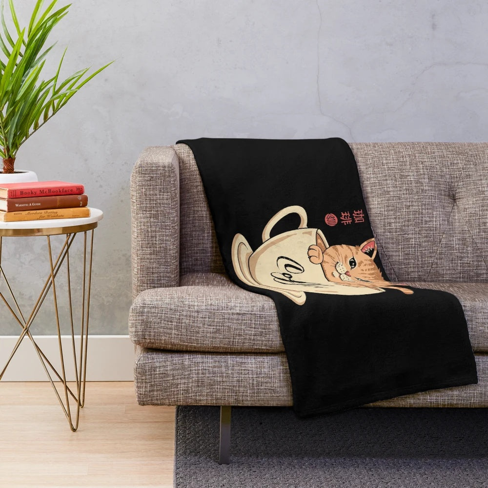 Soft and plush neko-inspired blanket with coffee and cat design