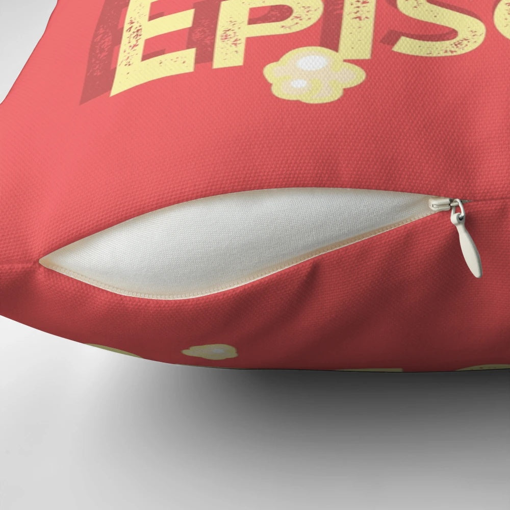 Plush pillow with text "C'mon Just One More Episode" perfect for Netflix marathons and movie nights.