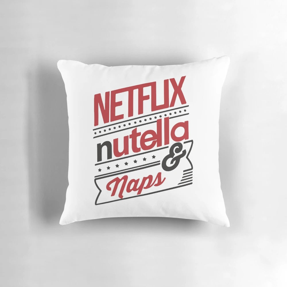 A plush, comfortable pillow featuring the Netflix logo, Nutella jar, and "Naps!" text for a cozy, indulgent experience.