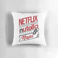 A plush, comfortable pillow featuring the Netflix logo, Nutella jar, and "Naps!" text for a cozy, indulgent experience.