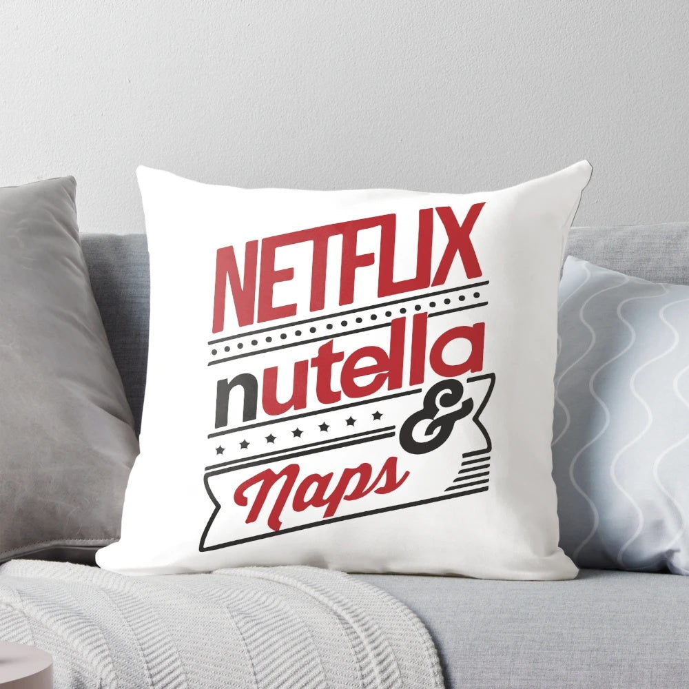 A plush, comfortable pillow featuring the Netflix logo, Nutella jar, and "Naps!" text for a cozy, indulgent experience.