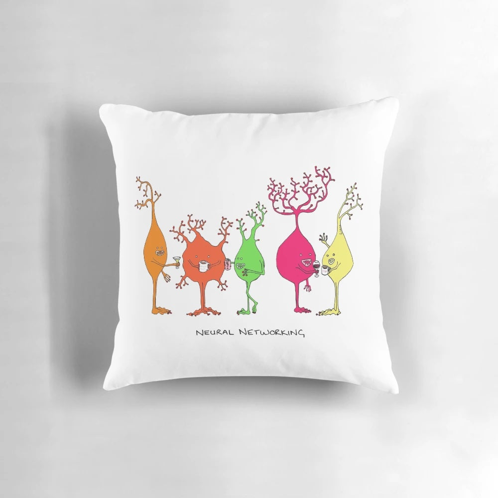 Soft, plush pillow featuring adorable cartoon brain cells and neurons
