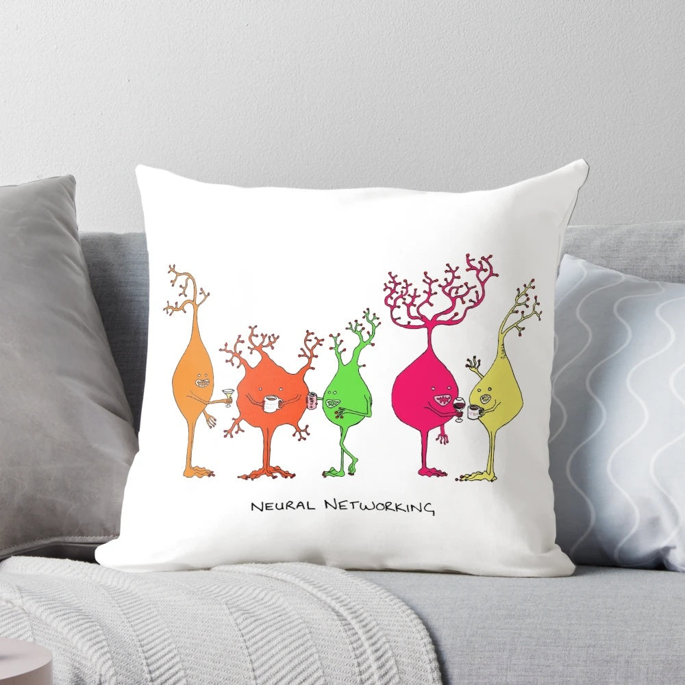 Soft, plush pillow featuring adorable cartoon brain cells and neurons