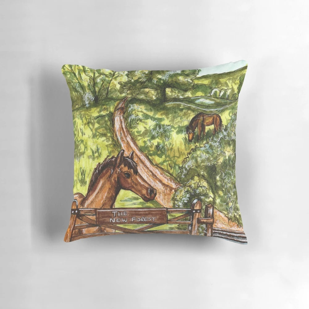 A soft, plush pillow featuring a serene landscape of the New Forest in Hampshire, England.