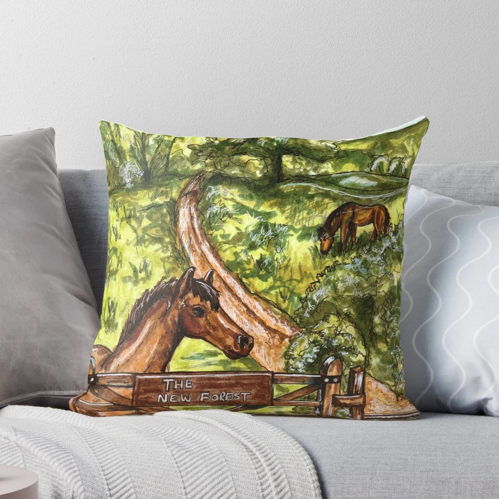 A soft, plush pillow featuring a serene landscape of the New Forest in Hampshire, England.