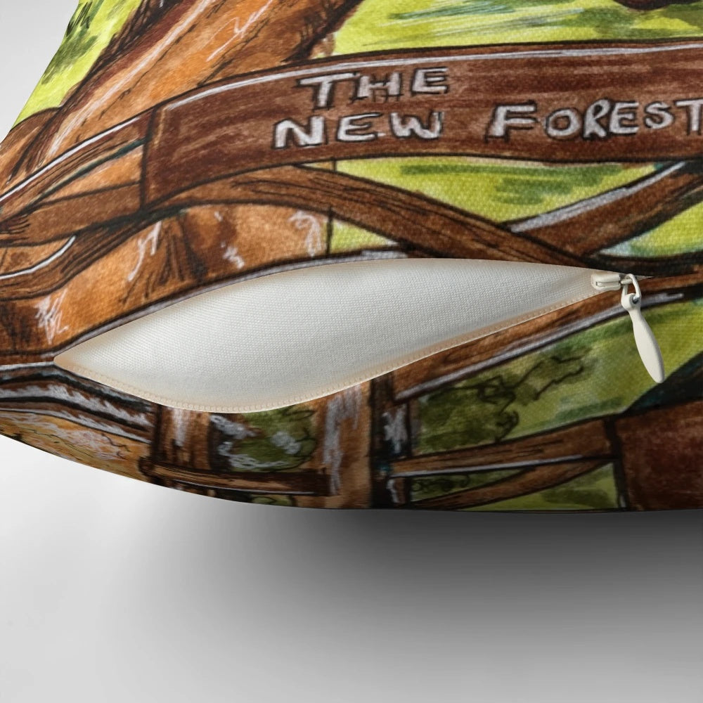 A soft, plush pillow featuring a serene landscape of the New Forest in Hampshire, England.
