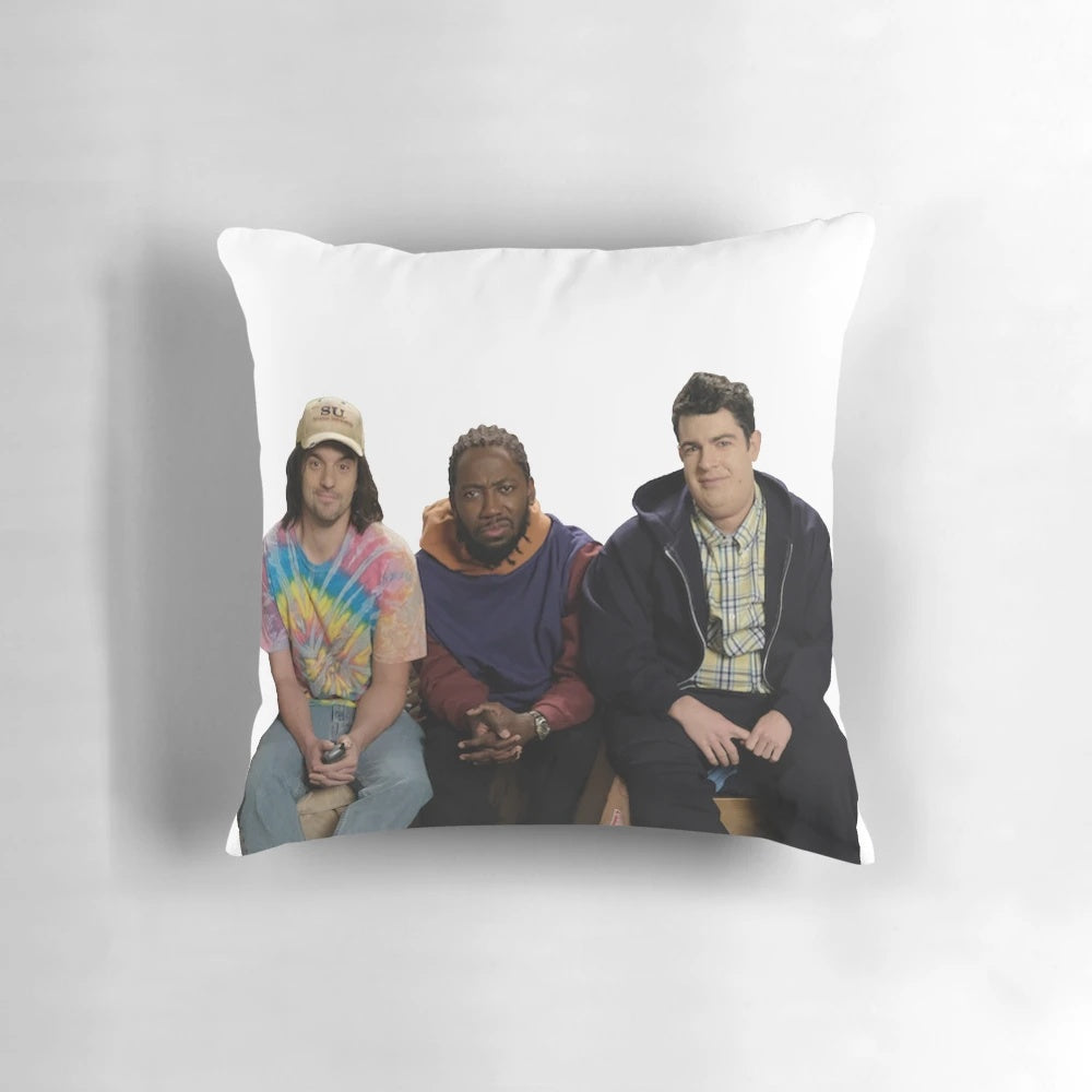 Colorful throw pillow featuring characters from the popular TV series "New Girl"