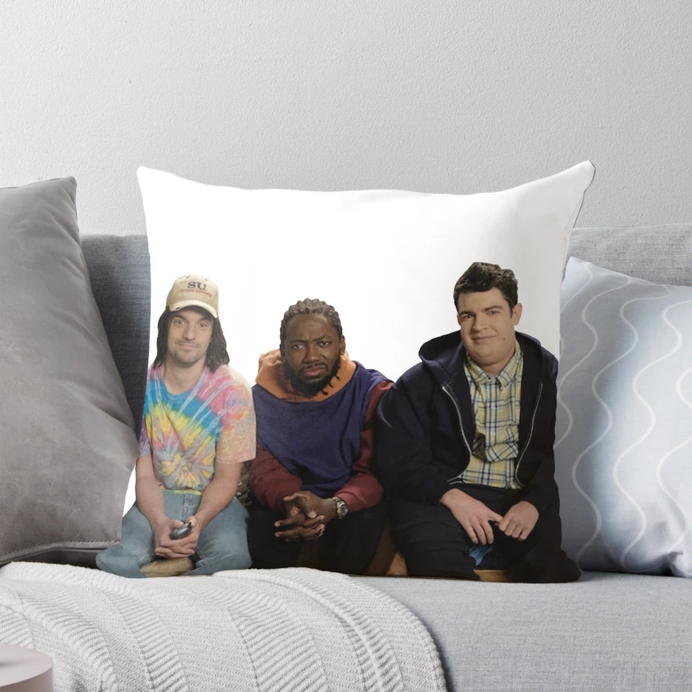 Colorful throw pillow featuring characters from the popular TV series "New Girl"
