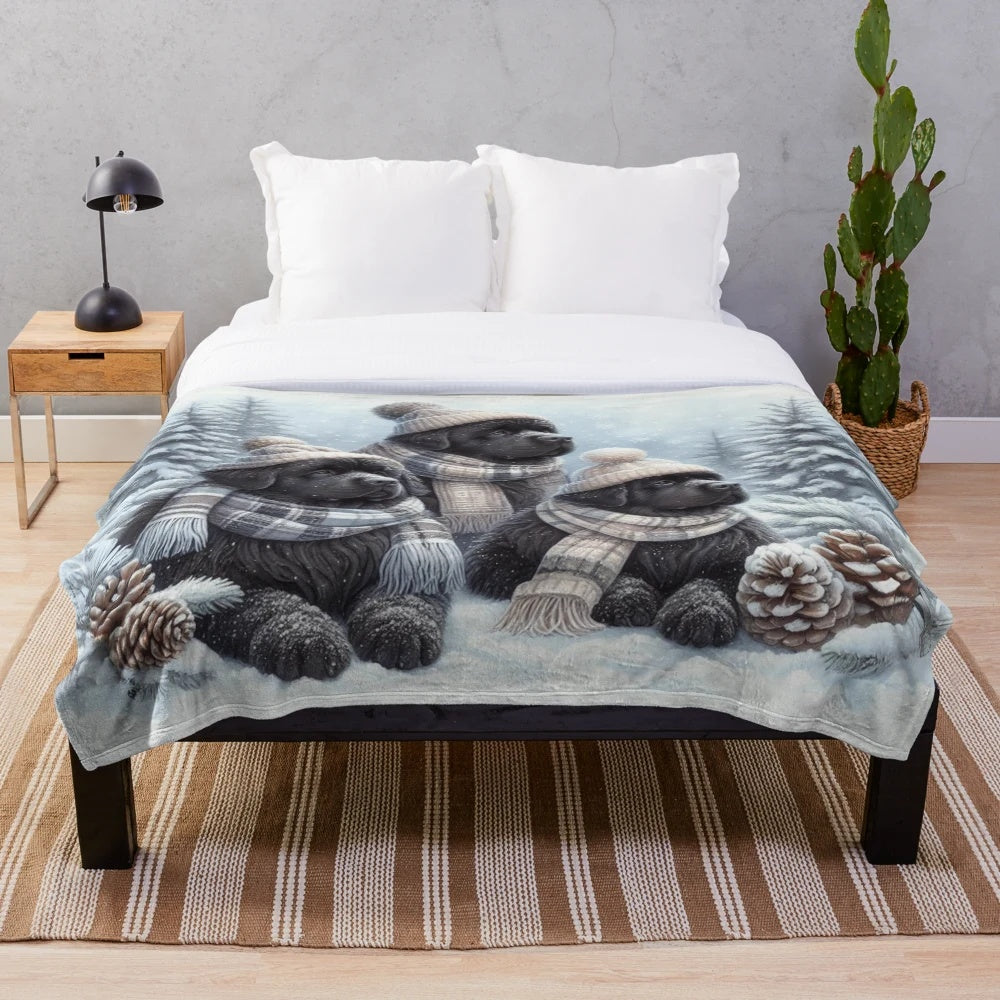 Newfoundland dog wearing winter hat and scarf on a plush blanket