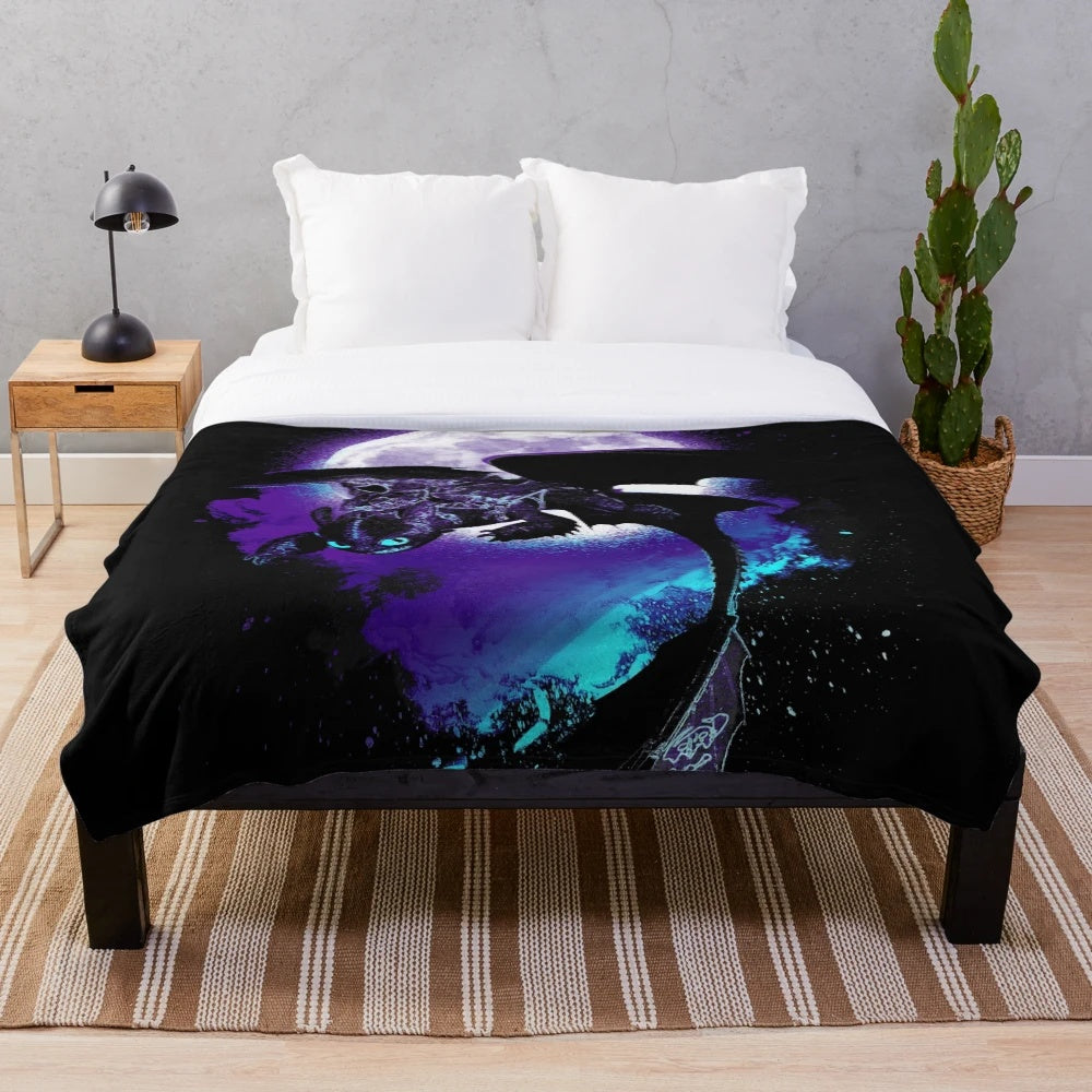 Colorful night fury plush blanket with dragon and moon illustration