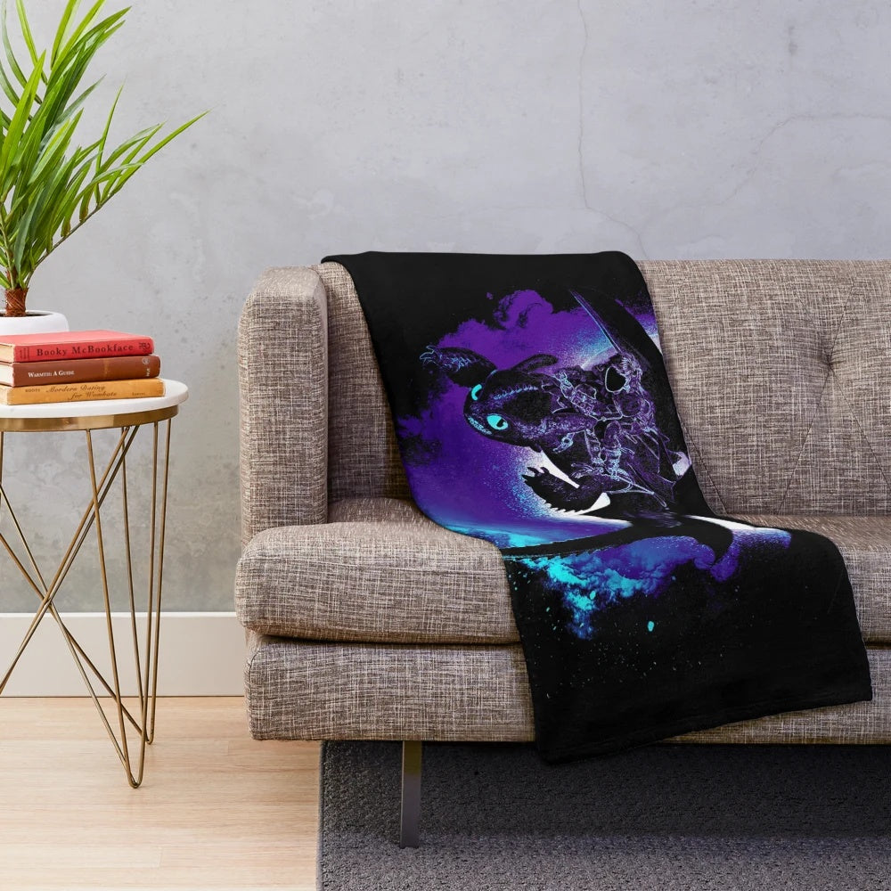 Colorful night fury plush blanket with dragon and moon illustration
