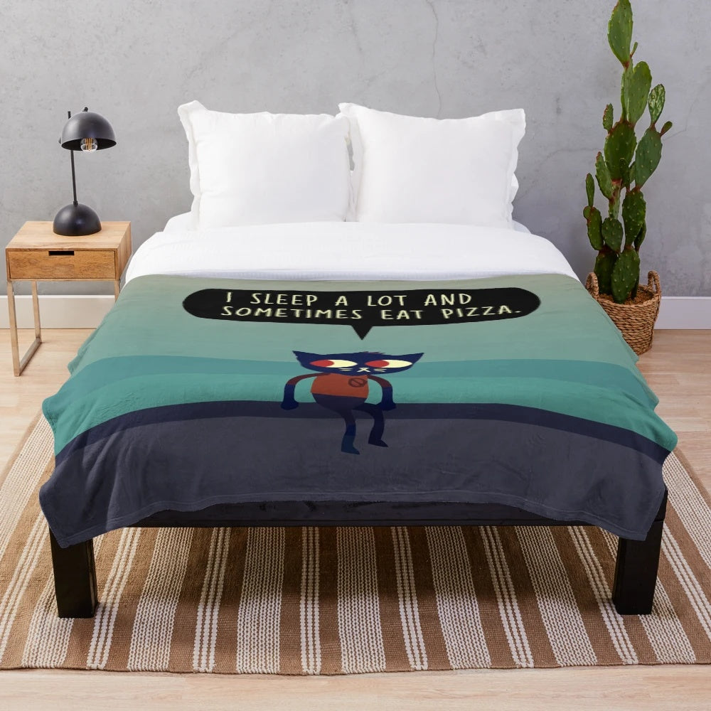 Night In The Woods-inspired plush blanket featuring pizza and speech bubble