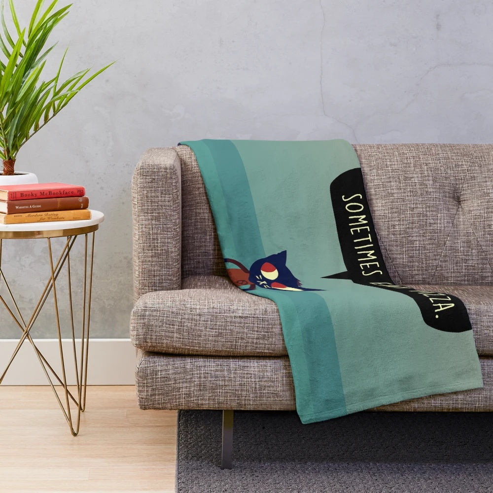 Night In The Woods-inspired plush blanket featuring pizza and speech bubble
