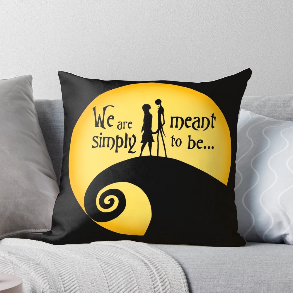 A pillow featuring the iconic characters Jack and Sally from The Nightmare Before Christmas.