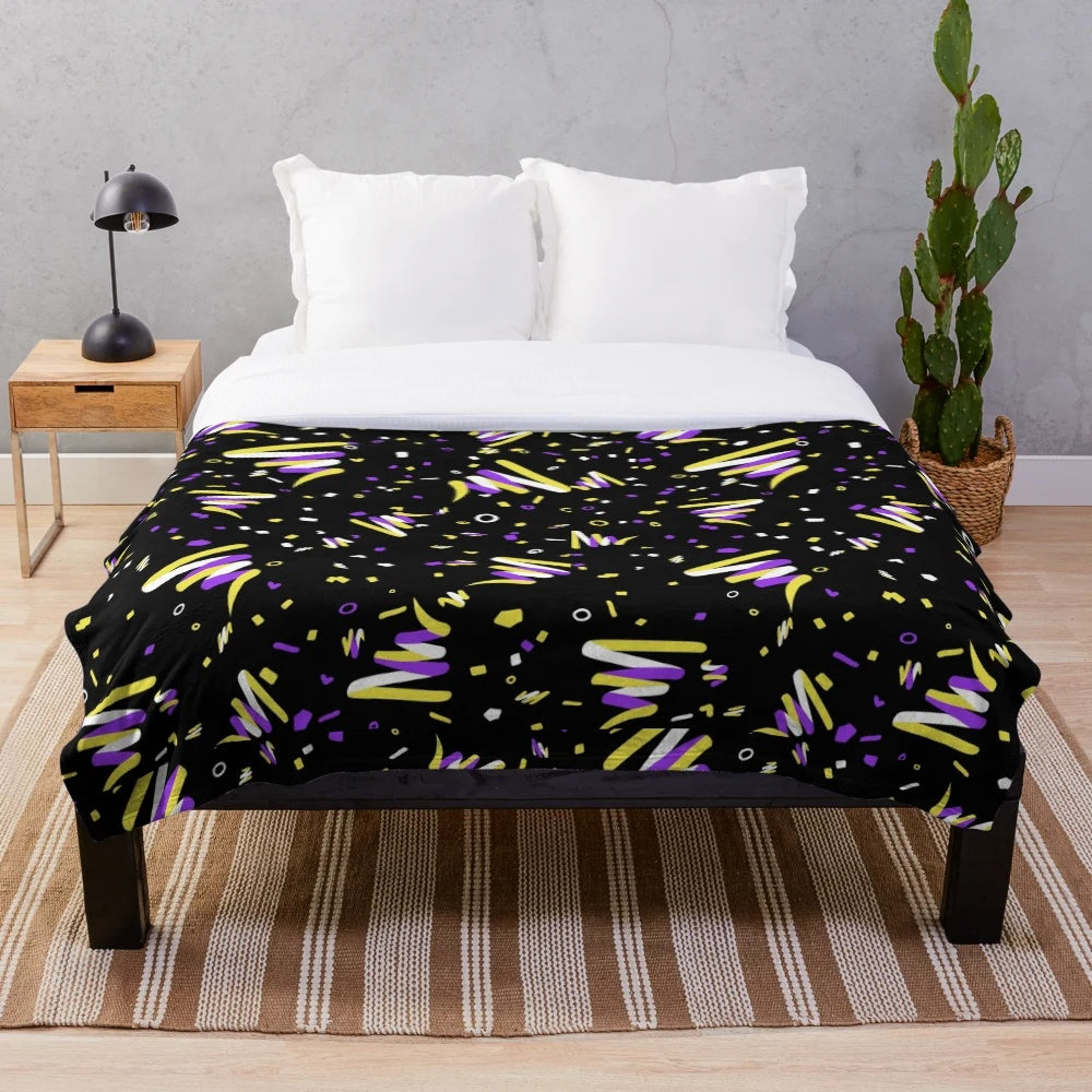 Nonbinary pride plush blanket with retro arcade carpet pattern