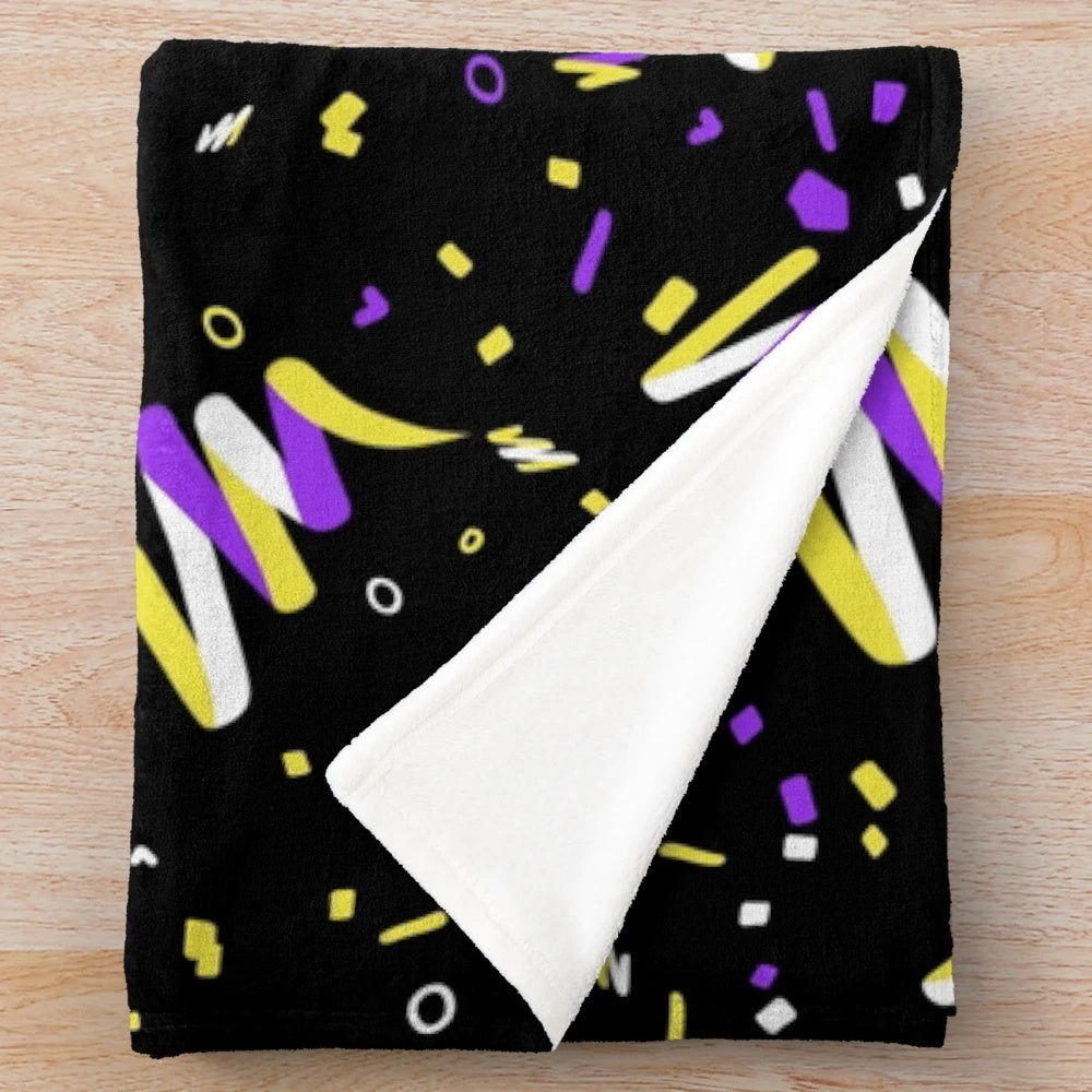 Nonbinary pride plush blanket with retro arcade carpet pattern