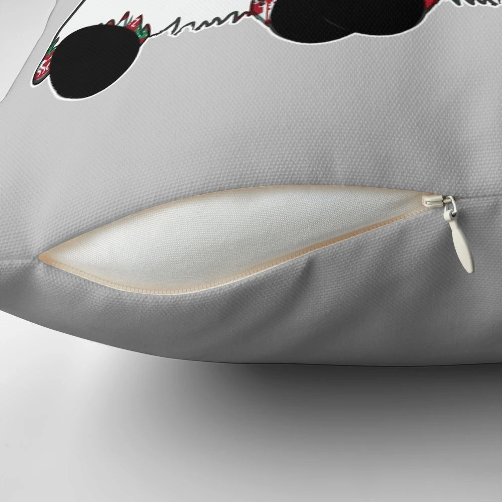 A festive throw pillow featuring adorable Nordic gnomes or tomte elves in traditional Scandinavian red hats.