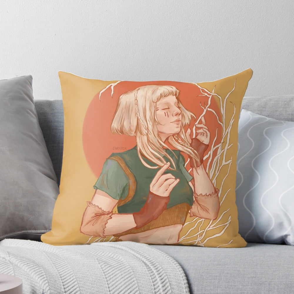 A soft, white pillow featuring a beautiful design of the singer Aurora Aksnes against a nature-inspired backdrop.
