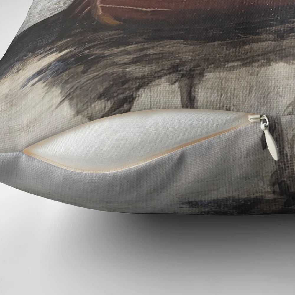 A cozy decorative pillow featuring a moody, foggy seascape painting of a lone viking ship on the water, surrounded by mountains.