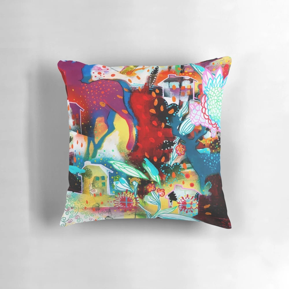 Soft, decorative pillow featuring a serene Nordic-inspired design with a deer, nature, and summer elements.