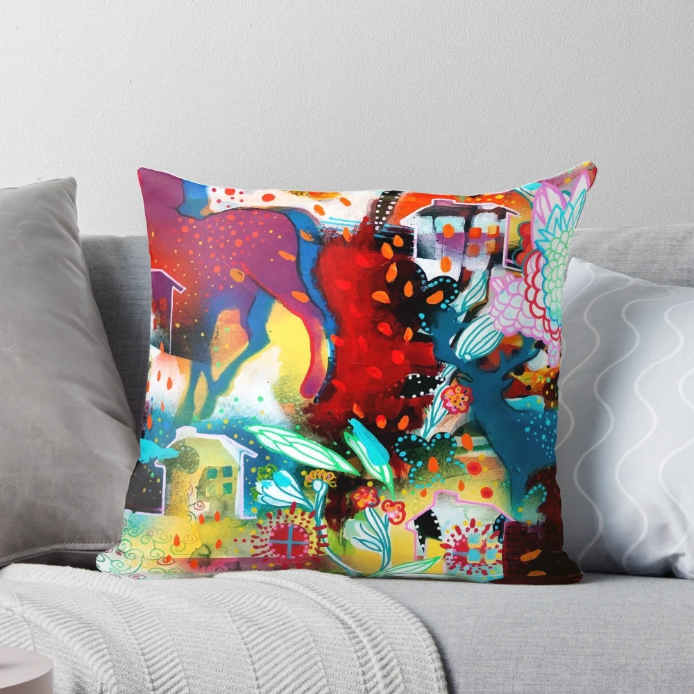 Soft, decorative pillow featuring a serene Nordic-inspired design with a deer, nature, and summer elements.