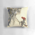 Plush throw pillow featuring a whimsical yule goat illustration in the style of Swedish artist John Bauer's enchanting holiday designs.
