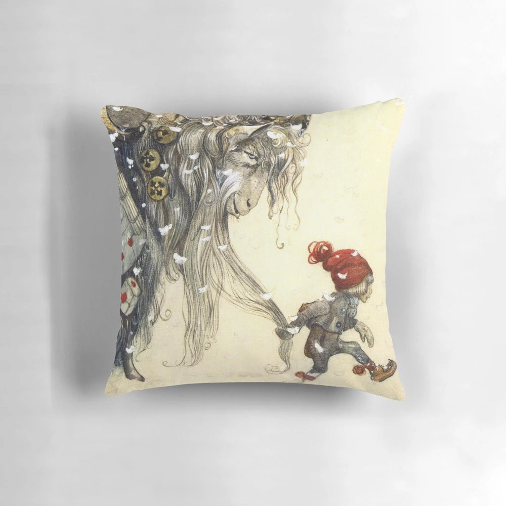 Plush throw pillow featuring a whimsical yule goat illustration in the style of Swedish artist John Bauer's enchanting holiday designs.