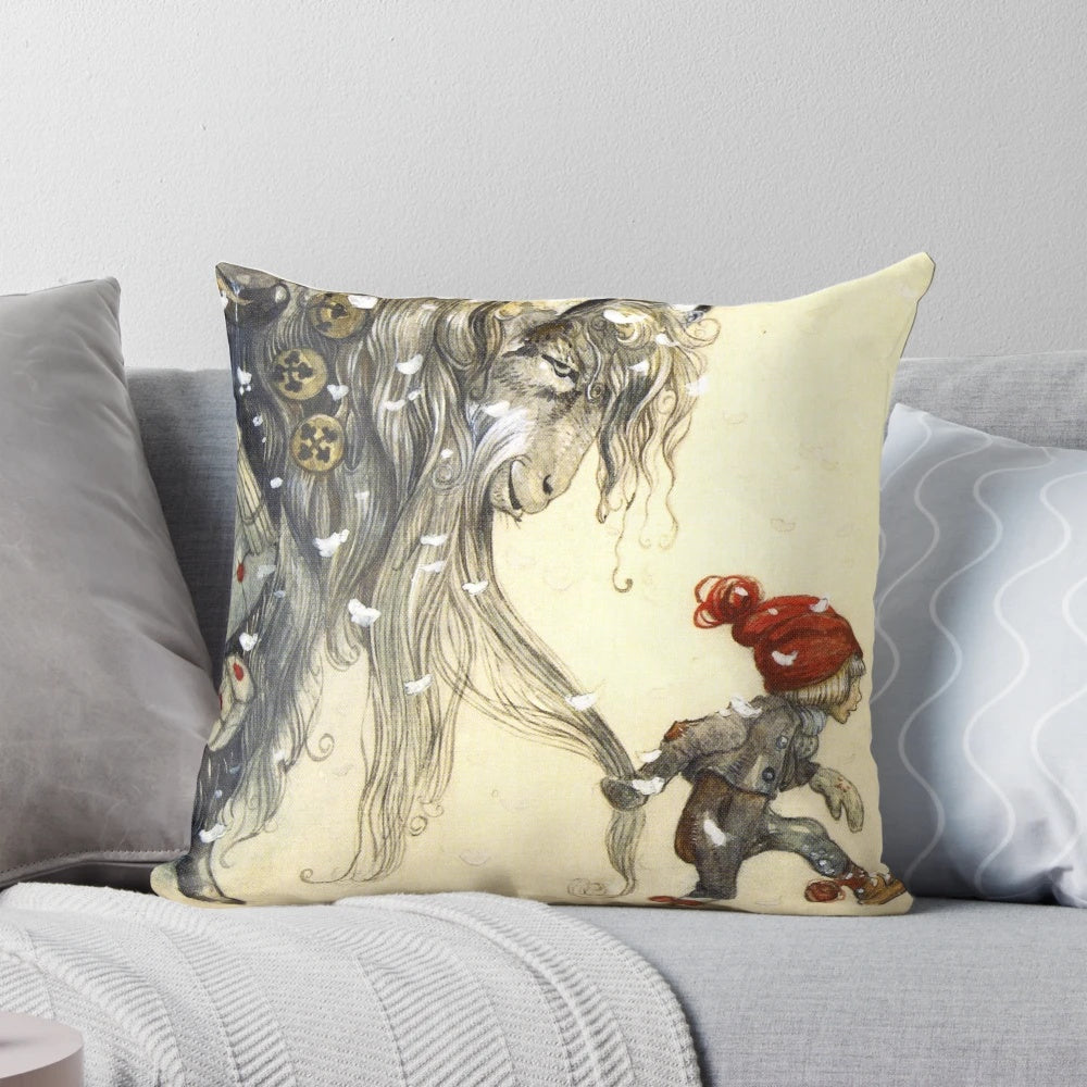 Plush throw pillow featuring a whimsical yule goat illustration in the style of Swedish artist John Bauer's enchanting holiday designs.