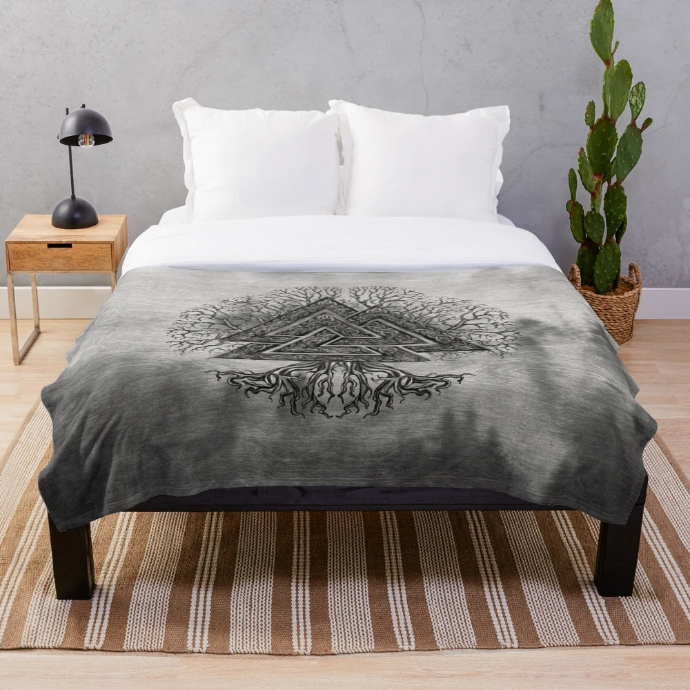 Valknut and Yggdrasil Tree of Life Norse mythology plush blanket