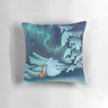 A soft, decorative pillow featuring a whimsical illustration of the northern lights, snow, and winter wildlife.